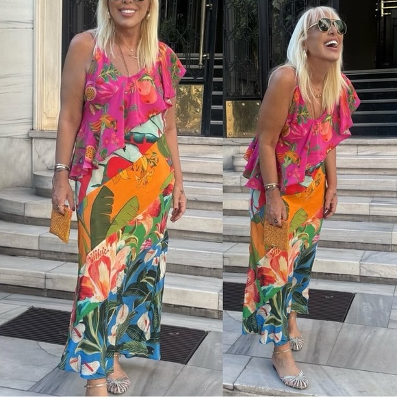 Farm Rio Flowery Ruffle One Strap Satin Asymmetrical Tropical Maxi Dress XL